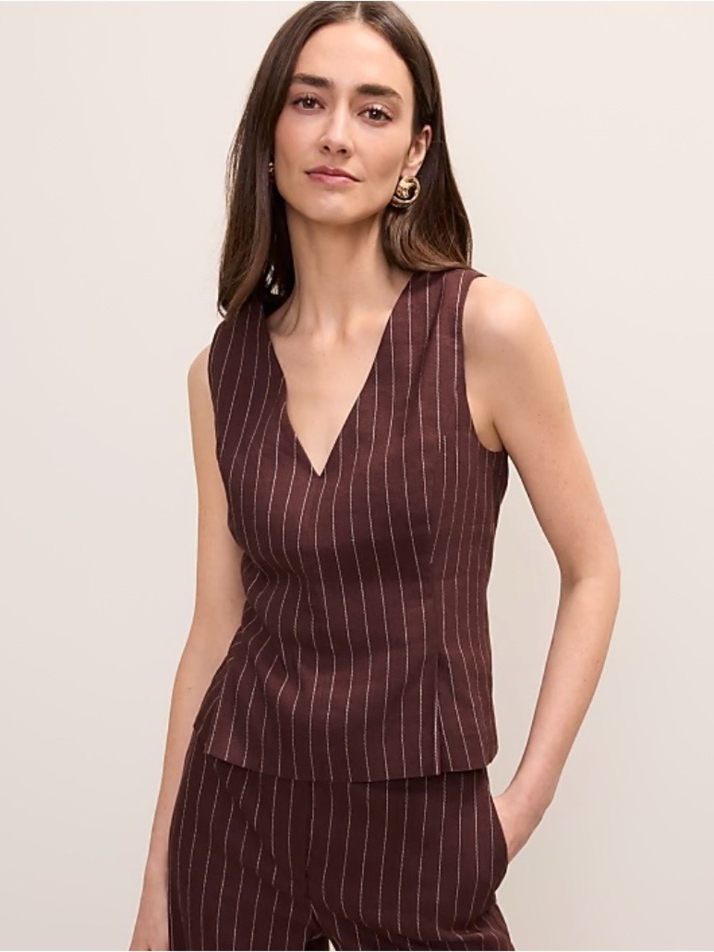 Ann Taylor Brown Pinstripe V-Neck Top Size 12 New With Tags